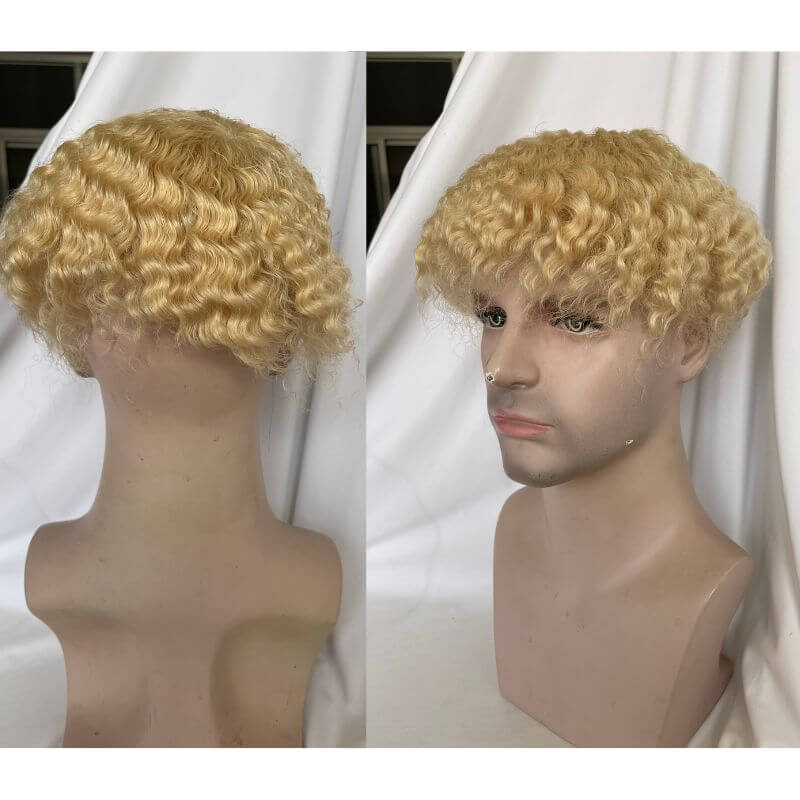 #613 Blonde Mens Wigs Toupees Human Hair Full Lace 360 Weave Curly Man Unit 8x10inch Kinky Curl Toupee for Black Men Swiss Lace Hair System Men Toupee Hair Wigs - Image 8