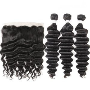 Brazilian Deep Wave Remy Hair Unprocessed Human Hair Bundles 3pcs with 13x4 Lace Frontal Closure Pre Plucked With Natural Baby Hair