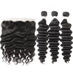 Brazilian Deep Wave Remy Hair Unprocessed Human Hair Bundles 3pcs with 13x4 Lace Frontal Closure Pre Plucked With Natural Baby Hair
