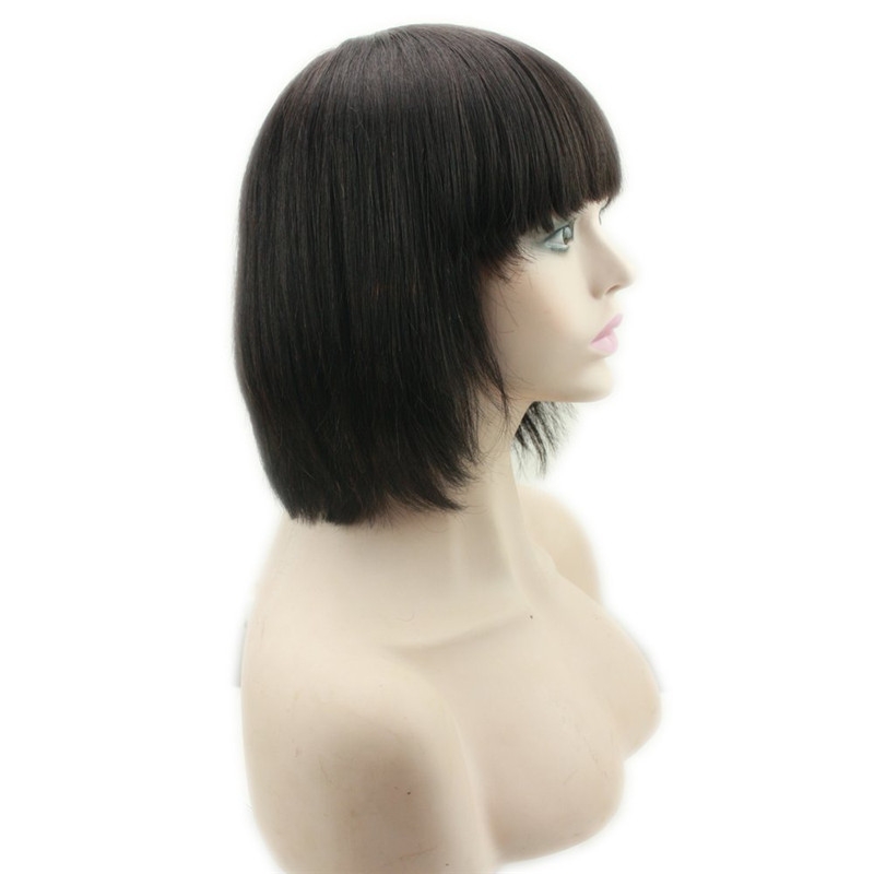 Human Hair Wigs With Bangs Short Bob Silk Straight Brazilian Human Hair Short Bob with Flat Bangs Machine Made Lace Wig for Women - Image 4