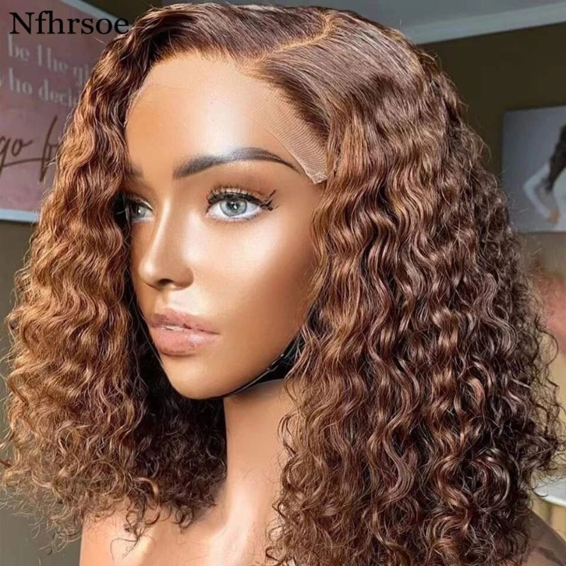 Human Hair Wigs Indian Hair Brown Colored Curly Lace Front Bob Wig 13x4 Brown Curly Wigs Preplucked - Image 4