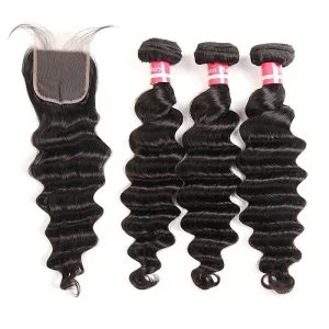 Loose Deep Wave Bundles with Closure Unprocessed Remy Virgin Hair Deep Wave With Closure Natural Color