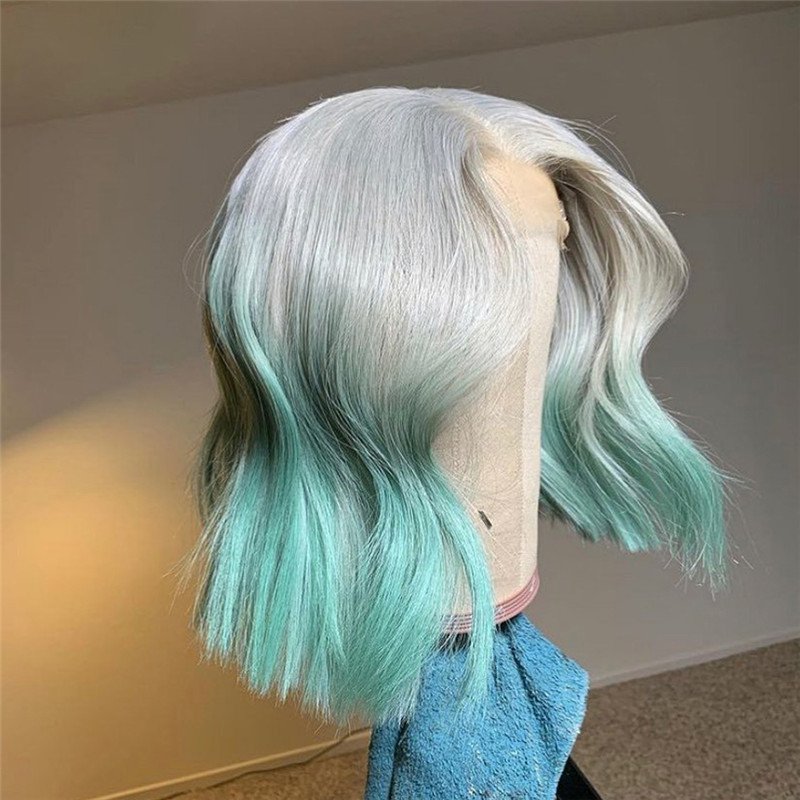 Green Bob Lace Front Wig Green And Gray Human Hair Lace Front Wigs Bob Brazilian Remy Wig Straight Lace Front Bob Wigs - Image 2
