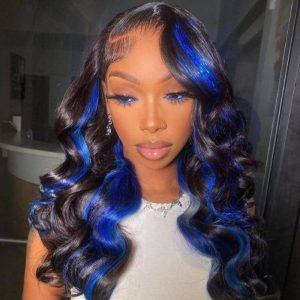 Alternative view of Blue Ombre Hightlight HD Transparent Lace Peruvian Human Hair Black And Blue Ombre  Lace Front Wigs Wavy Black Wigs