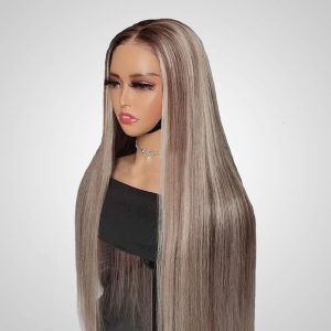 Ash Blonde Balayage Highlight Brazilian Straight Ombre Lace Front Wigs Human Hair Wigs - Image 3