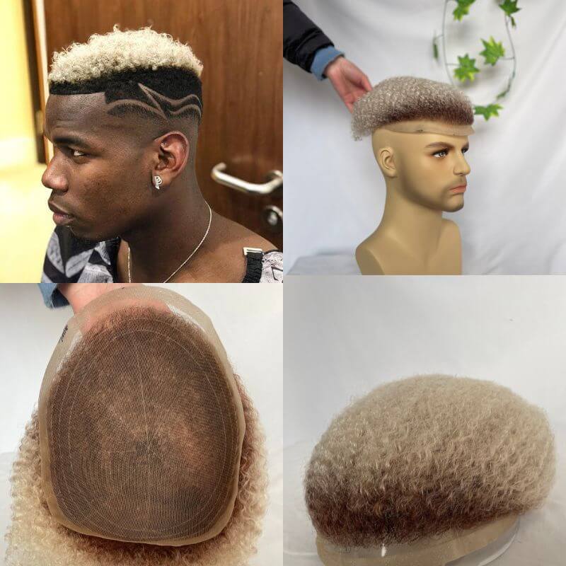 Men Toupee Human Hair Afro Curly Ombre #60 White Color Toupee for Men 8x10 inch Afro Curl Toupee for Black Men Full French Lace Hair System 360 Weave Men Toupee Hair System - Image 3