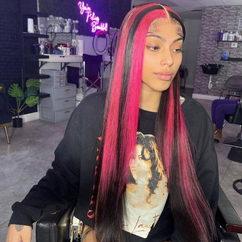 Ombre Pink and Natural Black Highlight Wigs Skunk Stripe Wigs HD Lace Front Wig Human Hair Brazilain Wigs Pre Plucked Straight Glueless Wig 150% Density Medium Cap - Image 2