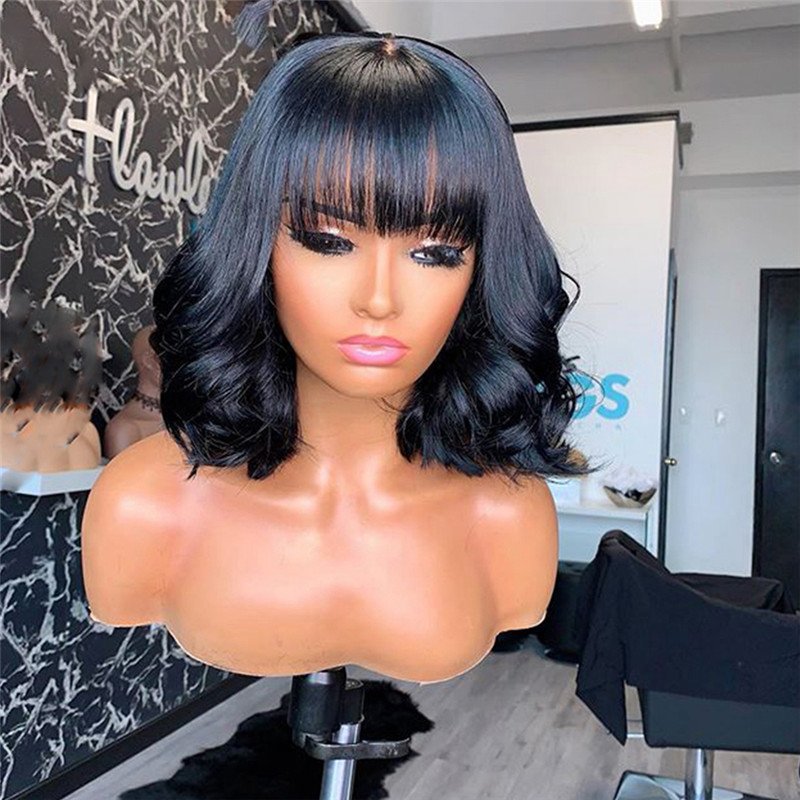Short Bob 360 Lace Frontal Wig With Bangs Brazilian Wavy 360 Lace Wigs For Women 13x4 Bob Lace Front Human Hair Wigs With Bangs - Image 3