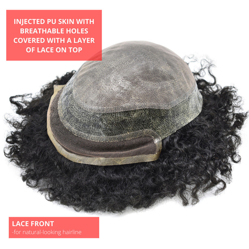 Pwigs Hairpiece Afro American 100% Human Hair System French Lace Natural Hairline Injected Pu Skin With Breathable Holes Layered Lace Top Afro Curly - Image 5