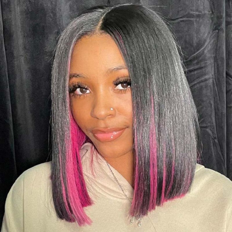 Peruvian Human Hair Wigs For Women Black Highlight Pink Bob Wig Lace Front Ombre Human Hair Wig Preplucked - Image 4
