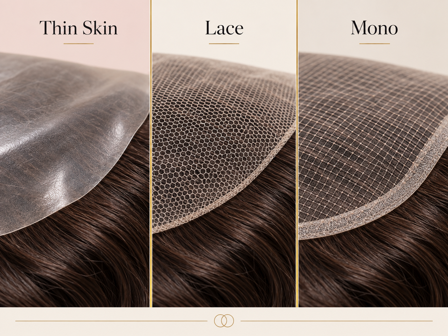 Three hair-system base materials shown side by side: Thin Skin, Lace, and Mono
