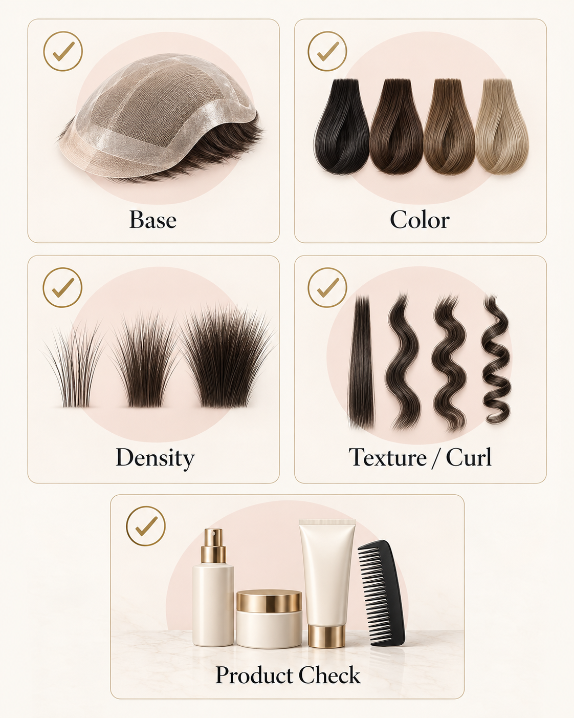 Hair-system comparison checklist covering base, color, density, texture or curl, and product check