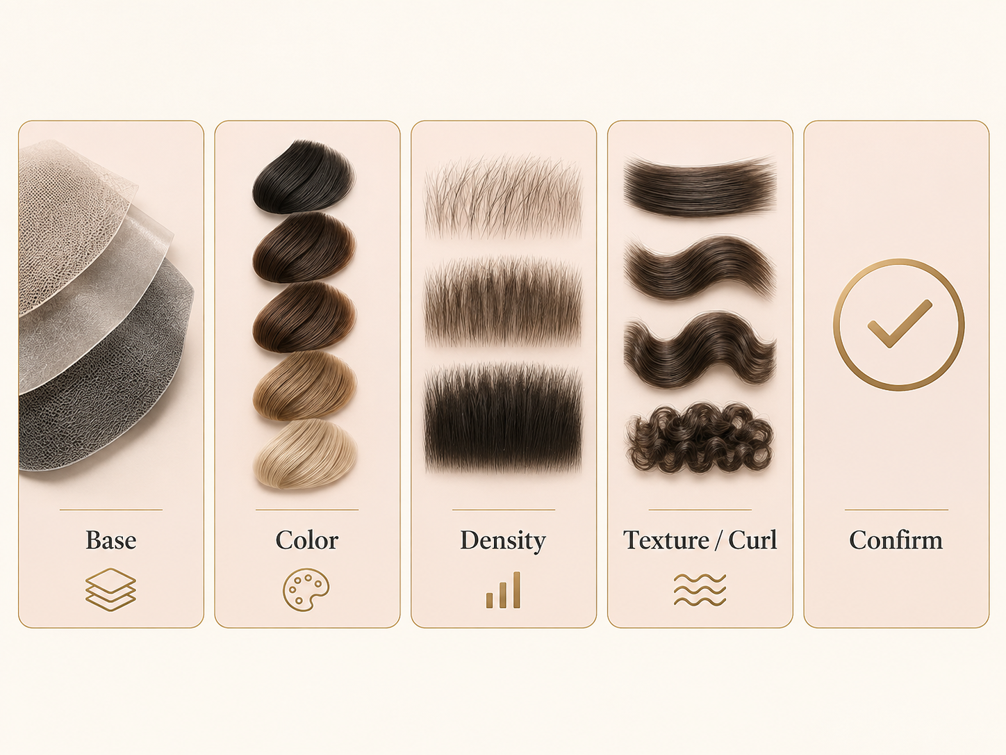Five hair-system buying dimensions shown as visual cards: base, color, density, texture or curl, and confirm