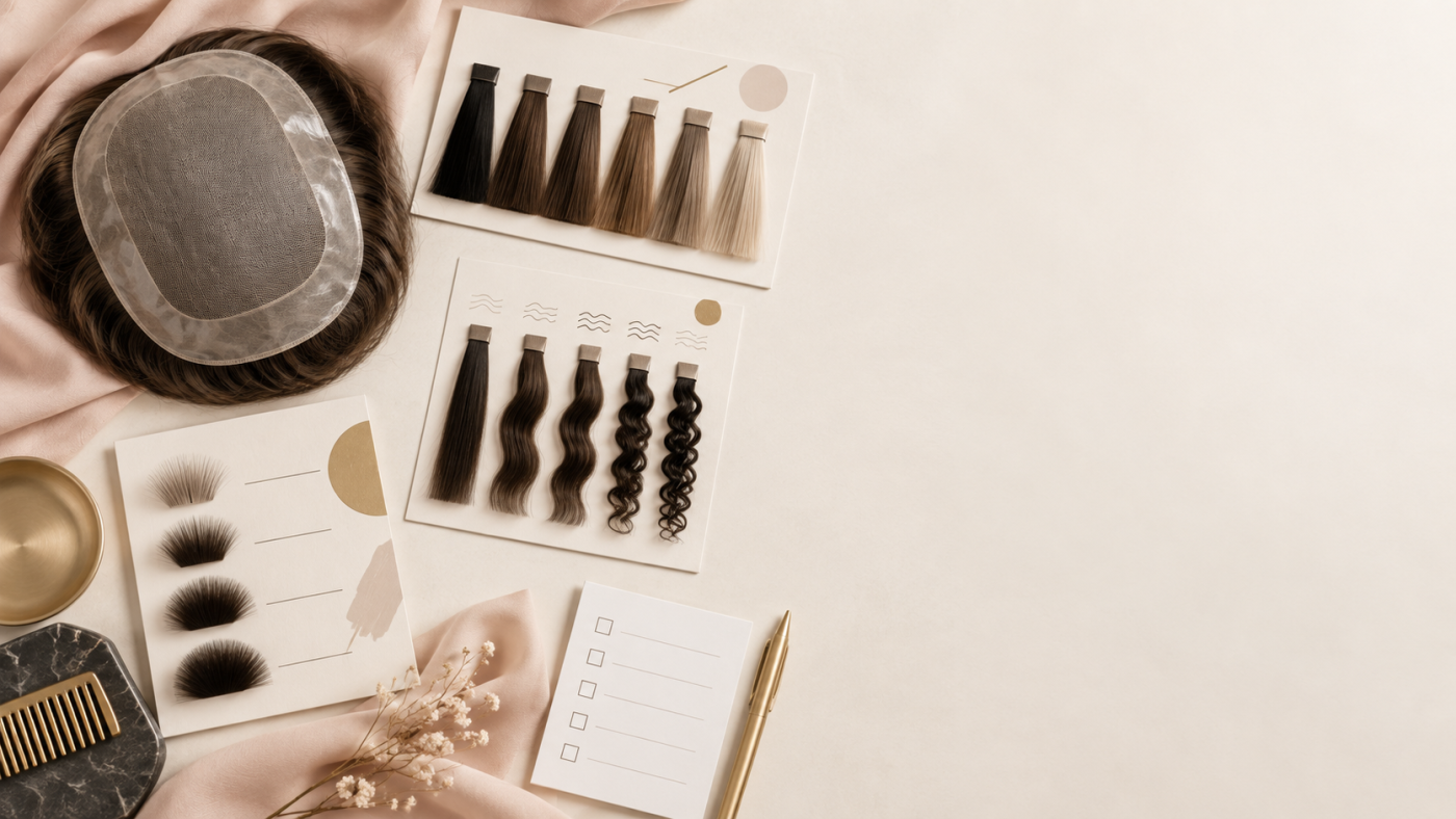 Flat-lay hair-system buying guide with base, color, density, texture, and checklist samples