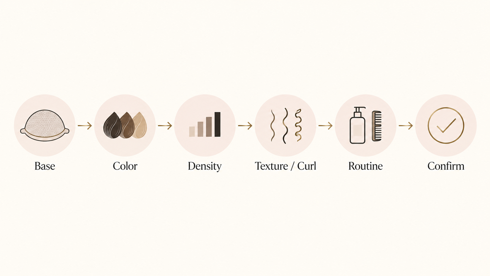 Six-step men's hair-system selection flow: base, color, density, texture or curl, routine, then confirm